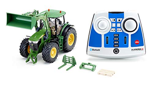 siku 6795, John Deere 7310R Traktor mit Frontlader, Grün, Metall/Kunststoff, 1:32, Ferngesteuert, Inkl. Bluetooth-Fernsteuerung und Zubehör, Steuerung via App möglich, Auf ‎Französisch