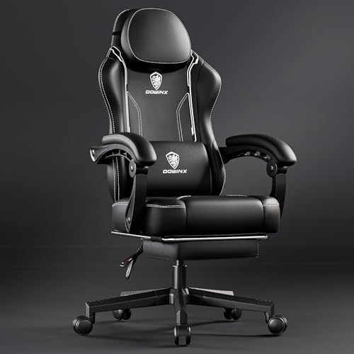 Dowinx Gaming Stuhl Racing Gamer Stuhl, Ergonomischer Gaming Sessel mit Lendenwirbelstütze, Bürostuhl PU Leder PC-Stuhl Verbreiterte Rückenlehne 150KG, Schwarz