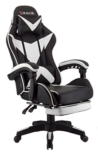 xRace Gaming-Stuhl Hoher Drehstuhl aus Leder mit Lendenwirbelstütze, Kopfstütze und Fußstütze, verstellbar, neigbar, Rennstil (weiß)