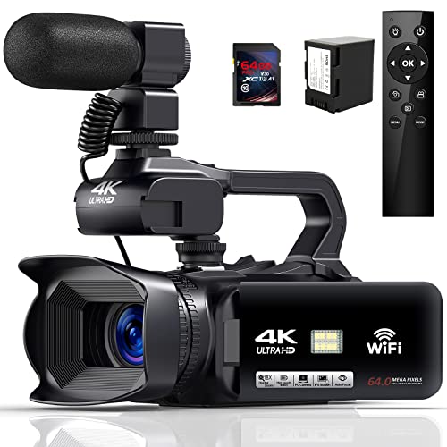 4K Videokamera Camcorder 64MP 60FPS 18X Digital Zoom Auto Focus Vlogging Camera for YouTube, 4.0' Touch Screen HD WiFi Videokamera mit 4500mAh Battery, 64G SD-Karte, Stabilizer, Microphone and Remote