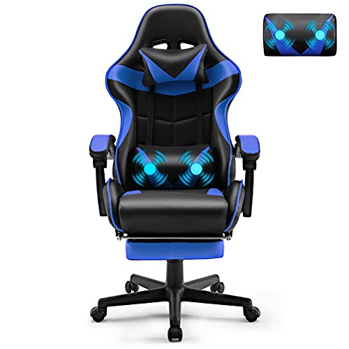 Soontrans Gaming Stuhl Massage Gaming Sessel mit Fußstütze, Ergonomischer Gamer Stuhl mit Kopfstütze Massage-Lendenkissen, Gepolstert Gaming Chair, Gaming Stuhl für Gamer YouTube Livestreaming (Blau)
