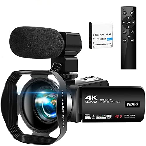 Videokamera 4K Camcorder 30FPS 48MP Vlogging Kamera für YouTube, 3.0 Zoll LCD Flip Screen Camcoder Full HD mit Mikrofon, Fernbedienung