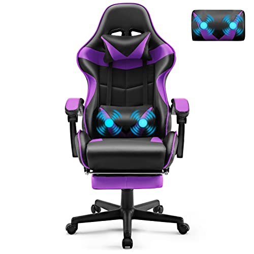 Soontrans Gaming Stuhl Massage Gaming Sessel mit Fußstütze, Ergonomischer Gamer Stuhl mit Kopfstütze Massage-Lendenkissen, Gepolstert Gaming Chair, Gaming Stuhl für Gamer YouTube Livestreaming (Lila)