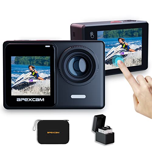 Apexcam 4K 60FPS 24MP Ultra HD Action Cam Dualscreen Touchscreen 40M wasserdichte Unterwasserkamera EIS Stabilisierung 170° Weitwinkel WiFi Fernbedienung mit 2x1350mAh Akkus und Zubehör Kit