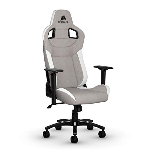Corsair T3 Rush - Polyester Gaming Stuhl (Atmungsaktivem Weichen Stoff, Gepolsterten Nackenkissen, Lendenstütze aus Memory-Schaumstoff, 4D-Armlehnen, Leich Montieren) Grau/Weiß