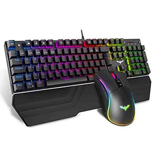 havit Mechanische Tastatur, Gaming Tastatur und Maus Set, RGB Hintergrundbeleuchtung QWERTZ (DE-Layout), Makro-Tastatur mit Handballenauflage, 4800DPI RGB Wired Gaming Maus mit 7 Tasten (Schwarz)