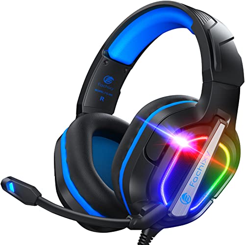 Fachixy 「2024 New」 FC200 Gaming Headset für PS4/PS5/PC/Xbox/Nintendo Switch, PS4 Kopfhörer mit Kabel und RGB Licht, Stereo Surround Kopfhörer mit Mikrofon, Noise Cancelling Gamer Headphones - Blau