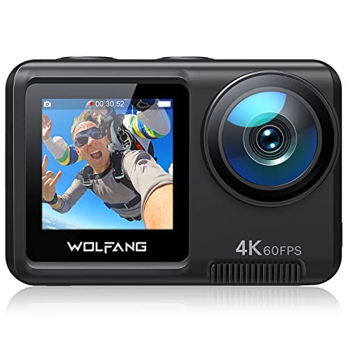 WOLFANG GA420 Action Cam 4K 60FPS Unterwasserkamera WiFi 10M Wasserdicht ohne Gehäuse 3.0 EIS Bildstabilisator Dual Screen Helmkamera (Externem Mikrofon, 2x1350mAh Akkus und Zubehör Kit)