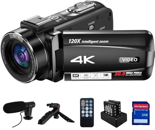 Videokamera 4K Camcorder, 10X Optischer Zoom, 120X Intelligenter Zoom 30MP 24FPS, Autofokus Vlogging Kamera, 3,0-Zoll-IPS Touchscreen Webcam Camera mit Mikrofon, Stativ, Fernbedienung, 32G SD Karte