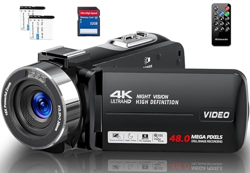 Videokamera 4K Camcorder HD 48MP IR-Nachtsicht Vlogging Kamera für YouTube, Webcam Kamera mit 18X Digitalzoom, 3’’ Touchscreen 30FPS Video Kamera mit 32GB SD-Karte, Fernbedienung, und 2 Batterien