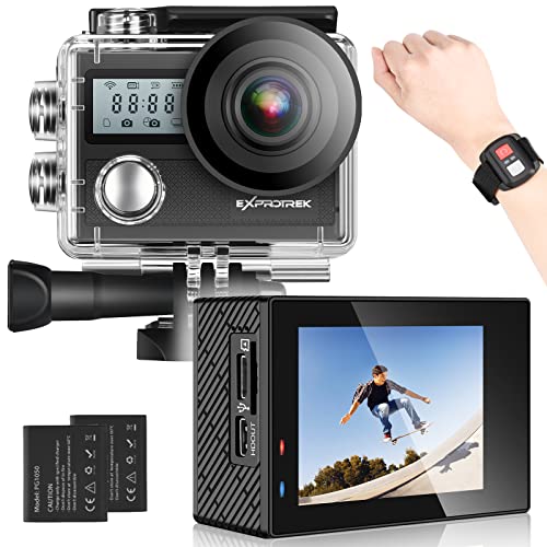 Exprotrek Action Cam 4k, 20MP Ultra HD, 30m 100Fuß wasserdichte Unterwasserkamera, Image-Stabilisierung, WiFi, Einstellbarer Blickwinkel, Fernbedienung, und 2 Akku und Helmzubehör-Kit