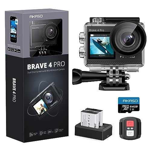 AKASO Brave 4 Pro Action Cam 4K30FPS 20MP mit 64GB U3 Speicherkarte 40M Unterwasserkamera Ultra HD Touchscreen 170 ° Weitwinkel, EIS Stabilisierung, 5X Zoom, 2.4G Fernbedienung und 2 Akkus 1350mAh