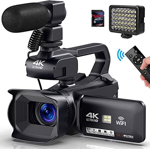 PITIKI Videokamera 4K Camcorder 64MP 60FPS 18X Digitalzoom HD Touchscreen Autofokus Vlogging Kamera für YouTube, WiFi Videokamera mit 4500mAh Akku, Stabilisator, Mikrofon und 2,4G Fernbedienung