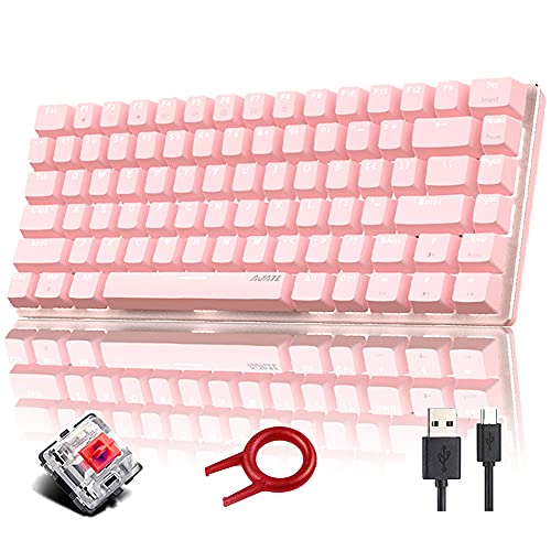 Hoopond Mechanical Keyboard, AK33 8 Arten von weißer LED-beleuchteter USB-Kabel-Gaming-Tastatur mit 82 Tasten Kompakte mechanische Gaming-Tastatur mit Anti-Ghosting-Tasten (roter Schalter, Pink)