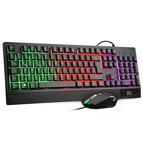 Rii Gaming Tastatur und Maus Set, Maus und Tastatur, RGB Hintergrundbeleuchtung QWERTZ (DE-Layout), Regenbogen Farben Beleuchtete USB Wasserdicht mit 3200 DPI für Pro PC Gamer