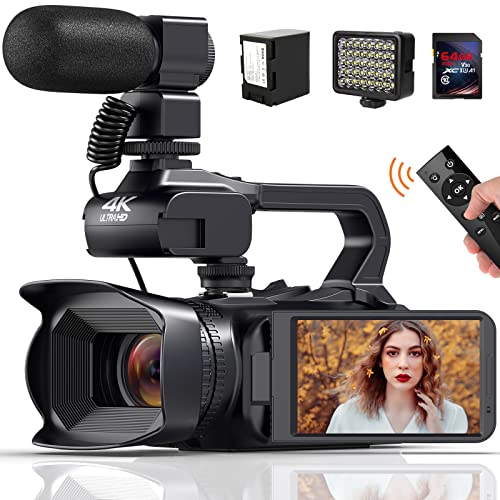 Videokamera 4K Camcorder HD 60FPS 64MP Autofokus Vlogging Kamera WiFi Webcam 18X Digital Zoom 4' Touchscreen Youtube Camera mit Mikrofon, LED Fülllicht, Stabilisator, Gegenlichtblende, 64G SD-Karte