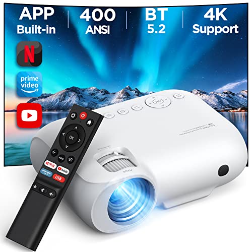 Beamer Bluetooth Handy - 400ANSI Lumen Projektor 4K-Unterstützung, Natives 1080P Full HD, Netflix/Prime Video Eingebaut, kompatibel mit HDMI/USB/Android, YOTON Projector ideal für Heimkino und Gaming