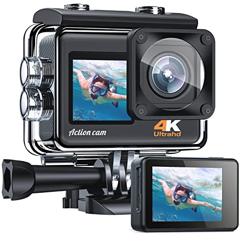 Action Cam 4K 24MP 30FPS Unterwasserkamera 40M mit Doppelbildschirm Wi-Fi EIS Action Cam Wasserdicht instellbar 170° Ultra HD Weitwinkelobjektiv Camcorder mit 2 Akkus und Zubehör Kit