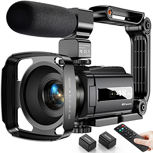 4K Videokamera Camcorder 48MP WiFi Vlogging Camera für YouTube 16X Digitale Videokamera IR Nachtsicht 3' Touchscreen Kamera mit Fernbedienung, Mikrofon, Handstabilisator, Gegenlichtblende,2 Batterien
