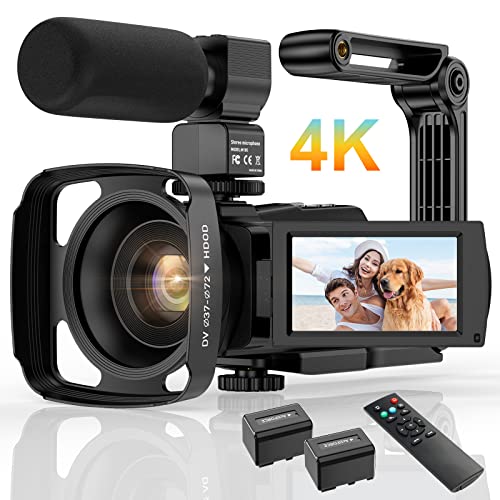 4K Videokamera Camcorder UHD 48MP WiFi IR Nachtversion Vlogging Kamera, 30 FPS 16X Digitalzoom 3'Touchscreen YouTube Camera mit Fernbedienung, Mikrofon, Handstabilisator, Gegenlichtblende,2 Batterien